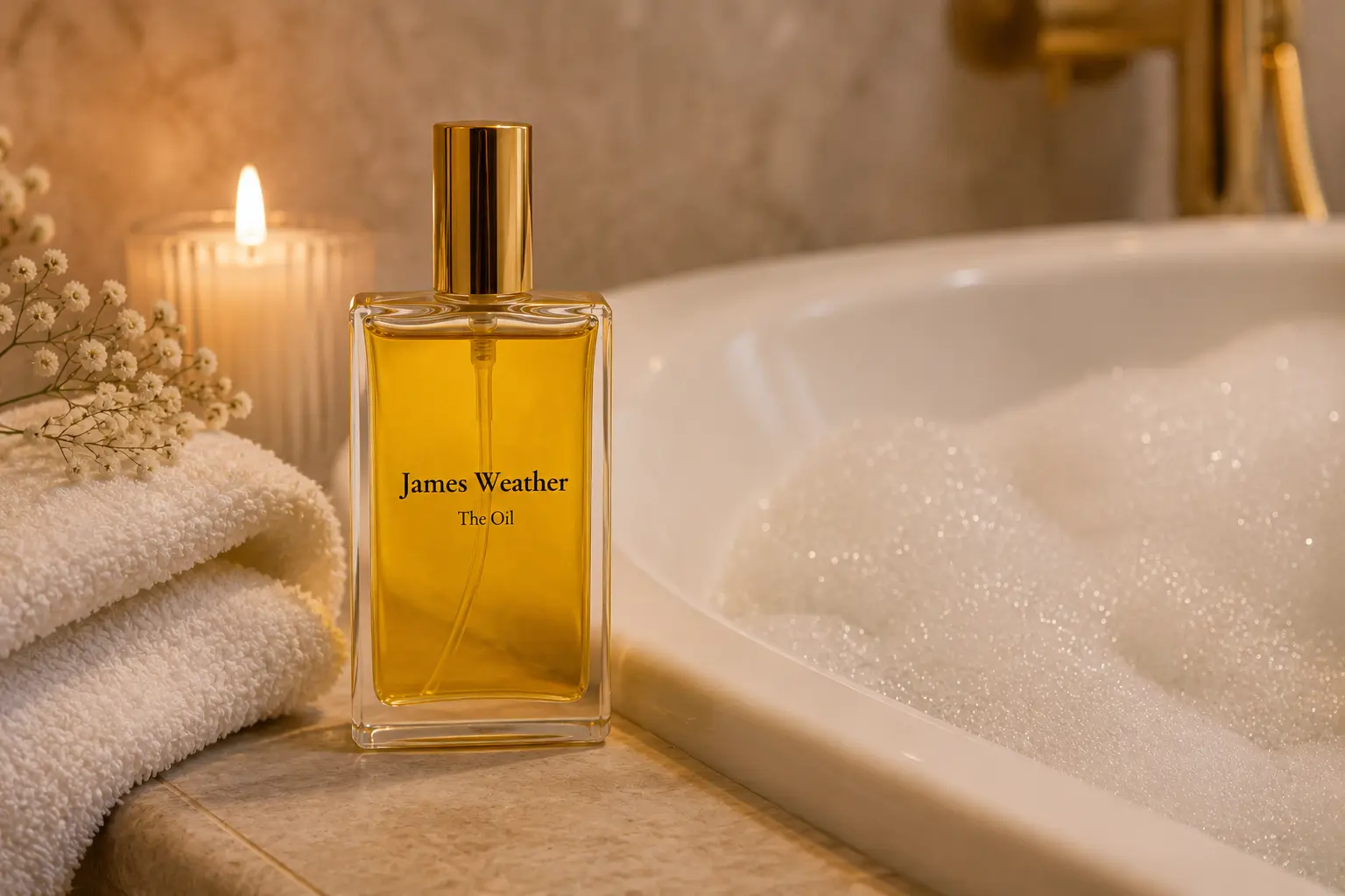 THE OIL by James Weather at the edge of a bath, beside a candle and folded towels