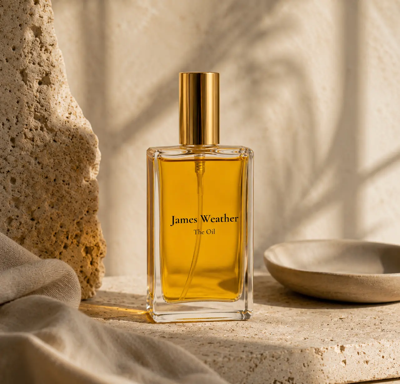THE OIL by James Weather beside linen and a stone dish