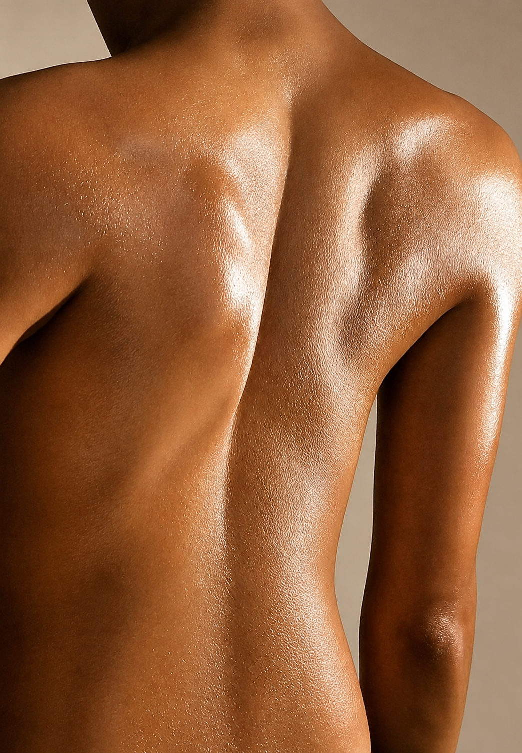 The back and shoulders of a woman, skin polished with THE OIL by James Weather